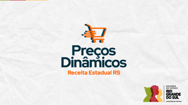 A imagem apresenta o logotipo do projeto &ldquo;Pre&ccedil;os Din&acirc;micos&rdquo; da Receita Estadual do Rio Grande do Sul. No centro, h&aacute; um &iacute;cone de carrinho de compras estilizado em laranja, com linhas que sugerem movimento para a direita. Abaixo do &iacute;cone, est&aacute; o texto &ldquo;Pre&ccedil;os Din&acirc;micos&rdquo; em letras grandes e azul-escuras, seguido de &ldquo;Receita Estadual RS&rdquo; em laranja. No canto inferior direito, aparece a marca do Governo do Estado do Rio Grande do Sul, com tr&ecirc;s perfis humanos coloridos (verde, vermelho e amarelo) e o texto &ldquo;Governo do Estado do Rio Grande do Sul &ndash; Secretaria da Fazenda&rdquo;. O fundo &eacute; branco com textura leve que lembra papel amassado.