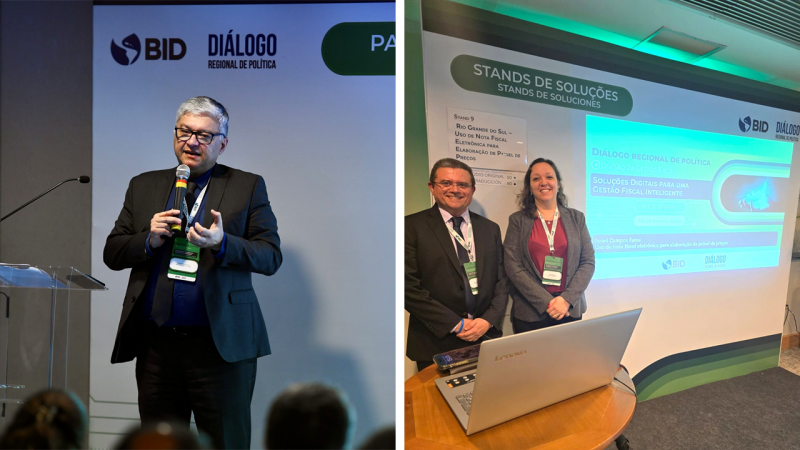 A tela est&aacute; dividida ao meio. &Agrave; esquerda, est&aacute; Ricardo Neves falando ao microfone. Ele tem cabelo curto e grisalho, veste terno e camisa preta e est&aacute; falando ao microfone. &Agrave; direita, est&atilde;o duas pessoas sorrindo para a foto &agrave; frente de uma tela que diz "Stands de solu&ccedil;&otilde;es". O homem &eacute; Israel Campos, que veste terno e gravada preta, camisa branca e tem cabelo ralo e preto. A mulher &eacute; Juliana Debaquer, que veste blusa rosa e casaco cinza. Ela tem cabelos na altura do ombro na cor marrom. 