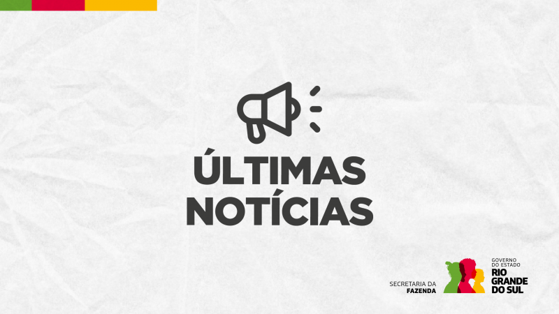 A express&atilde;o &Uacute;ltimas not&iacute;cias acompanha um &iacute;cone de sirene. O fundo se assemelha a um papel amassado cinza claro, com as cores do governo do Estado no topo. 