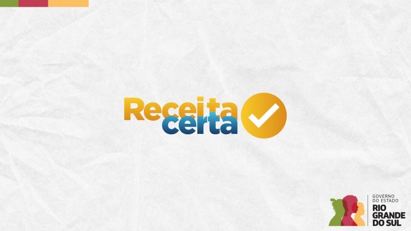 Sobre um fundo cinza, semelhante a um papel amassado, est&aacute; escrito Receita Certa, nas cores laranja e azul. Ao lado, o s&iacute;mbolo de "check". Esse &eacute; o logotipo do programa.